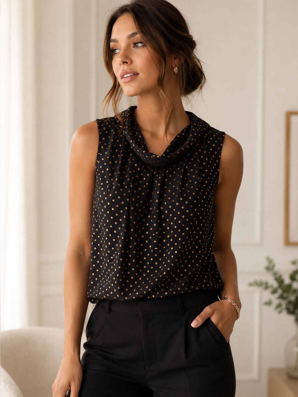 NWT Jason Wu Black & Gold Polka Dot Tie-Back Blouse | Draped Neck Sleeveless Top